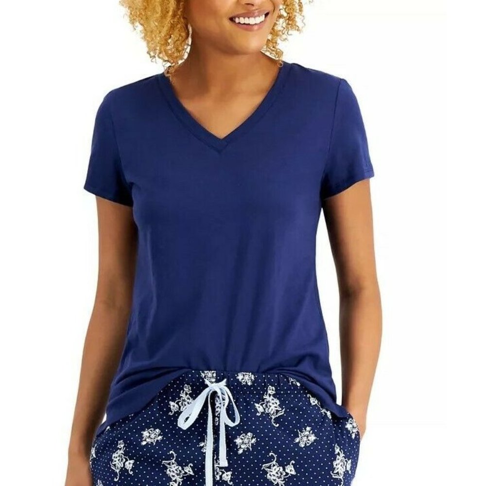 Charter Club Womens Pajama Top S Blue Everyday Cotton V-Neck Pajama T Shirt